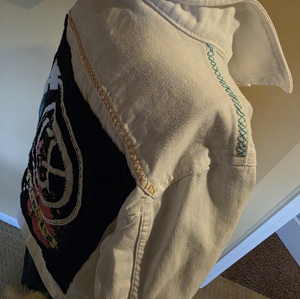 HAND CRAFTED Jacket UPCYCLED White Denim Embroidered BLINK 182 Tee Size XXL - Picture 7 of 11